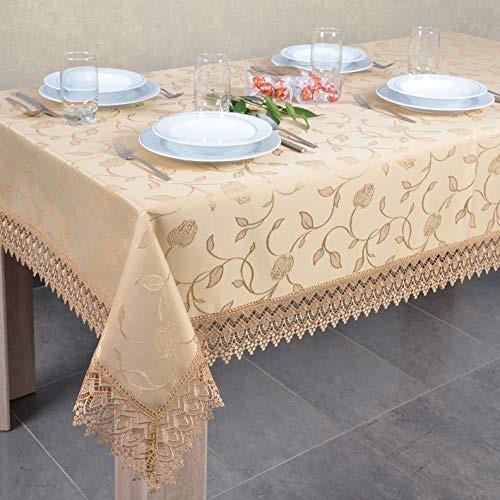 DECOOR - schmutzabweisende Tischdecke, 140 x 300 cm, Gold, veredelt mit dekorativer 9 cm breiter Guipure-Spitze, aus Jacquardgewebe 230g/m², 100% Polyester, hergestellt in EU von DECOOR