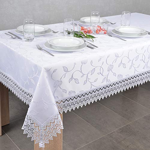 DECOOR - schmutzabweisende Tischdecke, 140 x 300 cm, Weiß, veredelt mit dekorativer 9 cm breiter Guipure-Spitze, aus Jacquardgewebe 230g/m², 100% Polyester, hergestellt in EU DECOOR - schmutzabweisende Tischdecke, 140 x 300 cm, Weiß, veredelt mit dekorativer 9 cm breiter Guipure-Spitze, aus Jacquardgewebe 230g/m², 100% Polyester, hergestellt in EU von DECOOR