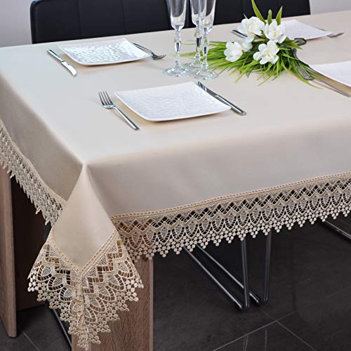 DECOOR - schmutzabweisende Tischdecke, veredelt mit dekorativer 9 cm breiter Guipure-Spitze, aus Satingewebe 190g/m², 100% Polyester, hergestellt in EU. von DECOOR