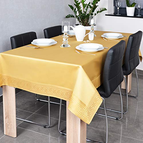 DECOOR - schmutzabweisende Tischdecke, veredelt mit einem 10 cm Breiten Dekorstreifen mit griechischem Muster, aus Satingewebe 200 g/m², 100% Polyester, hergestellt in EU (Gold, 120 x 180 cm) von DECOOR