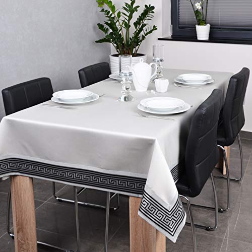 DECOOR - schmutzabweisende Tischdecke, veredelt mit einem 10 cm Breiten Dekorstreifen mit griechischem Muster, aus Satingewebe 200 g/m², 100% Polyester, hergestellt in EU (Grau+Schwarz, 120 x 180 cm) von DECOOR