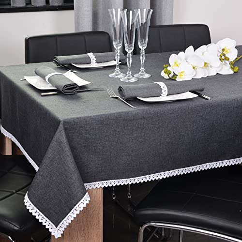 DECOOR - schmutzabweisende Tischdecke/Tischläufern, veredelt mit einer dekorativen 2 cm breiten Baumwollspitze, aus Jacquardgewebe 220g/m², 100% Polyester, hergestellt in EU (Grafit, 280 x 140 cm) von DECOOR