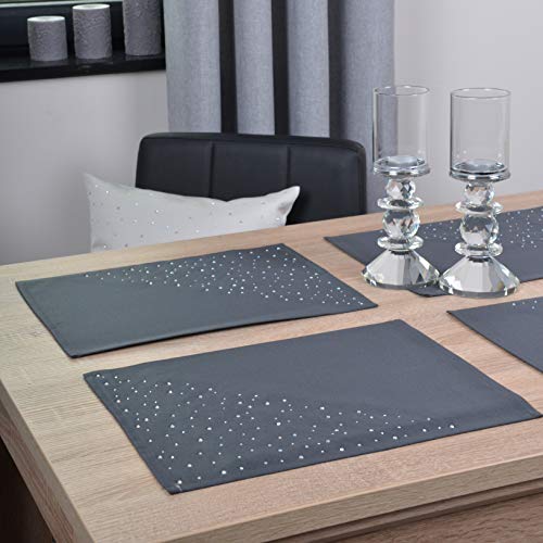 DECOOR - schmutzabweisendes Tischläufern, 30 x 40 cm, Grafit, veredelt mit einem ästhetischen Rückseite auf 1 cm, verziert mit Kristallen, Gewebe 200 g/m², 100% Polyester, hergestellt in der EU von DECOOR