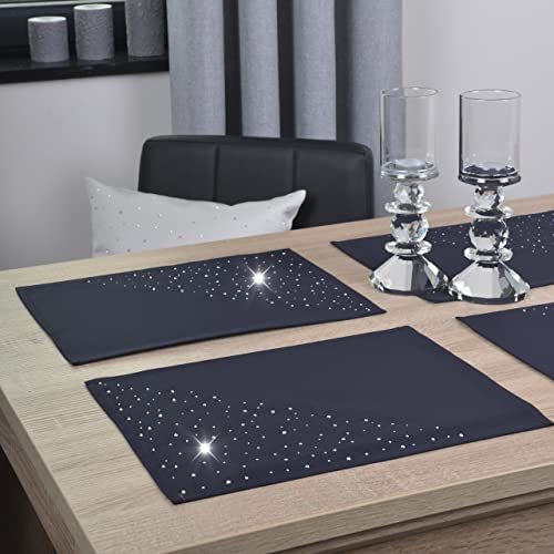 DECOOR - schmutzabweisendes Tischläufern, 30 x 40 cm, Navyblau, veredelt mit einem ästhetischen Rückseite auf 1 cm, verziert mit Kristallen, Gewebe 200 g/m², 100% Polyester, hergestellt in der EU von DECOOR