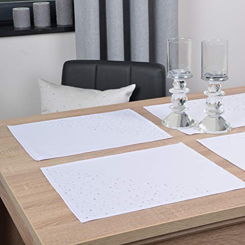 DECOOR - schmutzabweisendes Tischläufern, 30 x 40 cm, Weiß, veredelt mit einem ästhetischen Rückseite auf 1 cm, verziert mit Kristallen, Gewebe 200 g/m², 100% Polyester, hergestellt in der EU von DECOOR