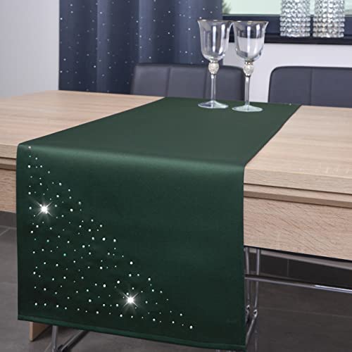 DECOOR - schmutzabweisendes Tischläufern, 40 x 140 cm, Dunkelgrün, veredelt mit einem ästhetischen Rückseite auf 1 cm, verziert mit Kristallen, Gewebe 200 g/m², 100% Polyester, hergestellt in der EU von DECOOR
