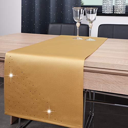 DECOOR - schmutzabweisendes Tischläufern, 40 x 140 cm, Gold, veredelt mit einem ästhetischen Rückseite auf 1 cm, verziert mit Kristallen, Gewebe 200 g/m², 100% Polyester, hergestellt in der EU von DECOOR