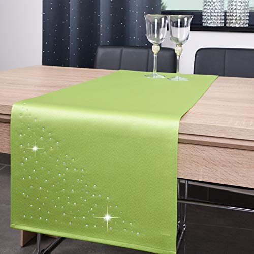 DECOOR - schmutzabweisendes Tischläufern, 40 x 140 cm, Grün, veredelt mit einem ästhetischen Rückseite auf 1 cm, verziert mit Kristallen, Gewebe 200 g/m², 100% Polyester, hergestellt in der EU von DECOOR