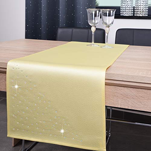 DECOOR - schmutzabweisendes Tischläufern, 40 x 140 cm, Hellgelb, veredelt mit einem ästhetischen Rückseite auf 1 cm, verziert mit Kristallen, Gewebe 200 g/m², 100% Polyester, hergestellt in der EU DECOOR - schmutzabweisendes Tischläufern, 40 x 140 cm, Hellgelb, veredelt mit einem ästhetischen Rückseite auf 1 cm, verziert mit Kristallen, Gewebe 200 g/m², 100% Polyester, hergestellt in der EU von DECOOR