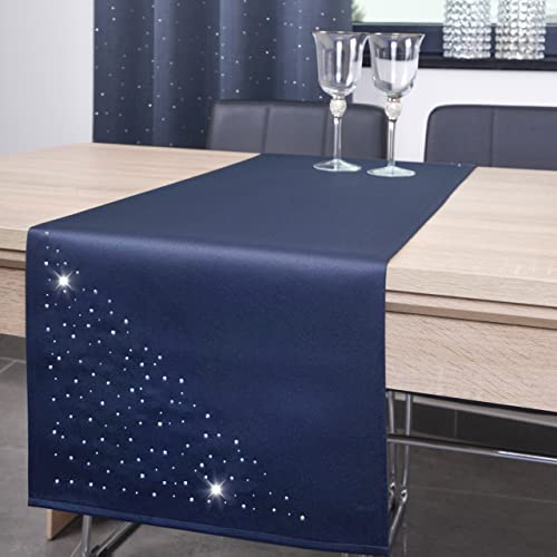 DECOOR - schmutzabweisendes Tischläufern, 40 x 140 cm, Navyblau, veredelt mit einem ästhetischen Rückseite auf 1 cm, verziert mit Kristallen, Gewebe 200 g/m², 100% Polyester, hergestellt in der EU von DECOOR
