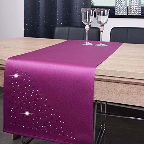 DECOOR - schmutzabweisendes Tischläufern, 40 x 140 cm, Violett, veredelt mit einem ästhetischen Rückseite auf 1 cm, verziert mit Kristallen, Gewebe 200 g/m², 100% Polyester, hergestellt in der EU von DECOOR
