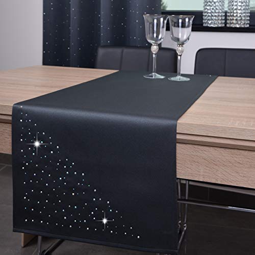 DECOOR - schmutzabweisendes Tischläufern, 40 x 160 cm, Grafit, veredelt mit einem ästhetischen Rückseite auf 1 cm, verziert mit Kristallen, Gewebe 200 g/m², 100% Polyester, hergestellt in der EU von DECOOR