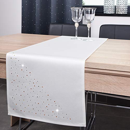 DECOOR - schmutzabweisendes Tischläufern, 40 x 180 cm, Ecru, veredelt mit einem ästhetischen Rückseite auf 1 cm, verziert mit Kristallen, Gewebe 200 g/m², 100% Polyester, hergestellt in der EU von DECOOR