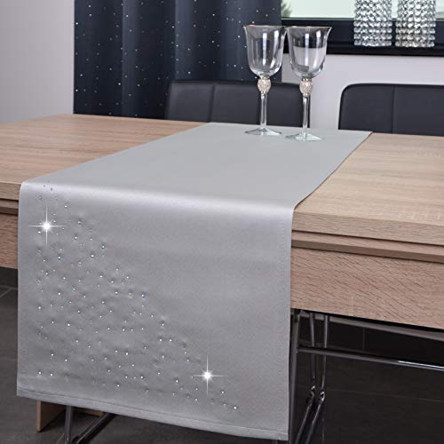 DECOOR - schmutzabweisendes Tischläufern, 40 x 200 cm, Grau, veredelt mit einem ästhetischen Rückseite auf 1 cm, verziert mit Kristallen, Gewebe 200 g/m², 100% Polyester, hergestellt in der EU von DECOOR
