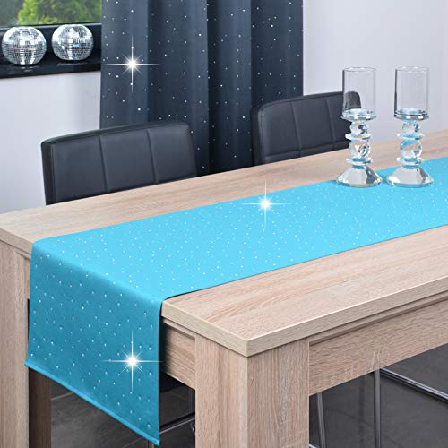 DECOOR - schmutzabweisendes Tischläufern, 40 x 200 cm, Türkis, veredelt mit einem ästhetischen Rückseite auf 1 cm, verziert mit Kristallen, Gewebe 200 g/m², 100% Polyester, hergestellt in der EU von DECOOR