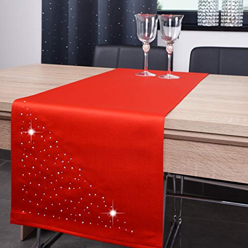 DECOOR - schmutzabweisendes Tischläufern, 40 x 220 cm, Rot, veredelt mit einem ästhetischen Rückseite auf 1 cm, verziert mit Kristallen, Gewebe 200 g/m², 100% Polyester, hergestellt in der EU von DECOOR