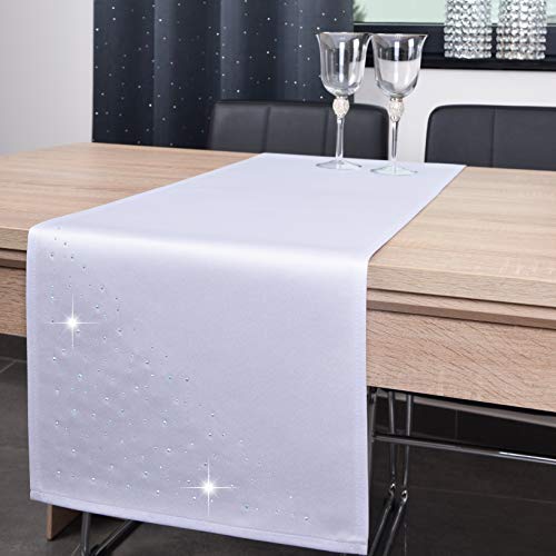 DECOOR - schmutzabweisendes Tischläufern, 40 x 220 cm, Weiß, veredelt mit einem ästhetischen Rückseite auf 1 cm, verziert mit Kristallen, Gewebe 200 g/m², 100% Polyester, hergestellt in der EU von DECOOR
