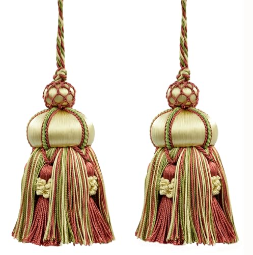 DÉCOPRO Elegante, handgefertigte Schlüsselquaste, 10 cm, 8,5 cm Schlaufe, akzentuiert mit Kronenquasten (Stil # KTAX4), Wassermelonenrot #LX06 (Rosa, Rot, Gelbgrün, Weißgold), 2 Stück von DÉCOPRO
