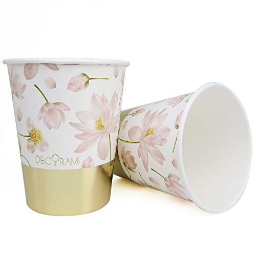 DECORAMI Premium Pappbecher | 6 Stück | 230 ml | aus Papier/Pappe, nachhaltig | Einweggeschirr/Pappgeschirr | Blüten Print | weiß rosa Gold Blumen von DECORAMI - celebrate happy times