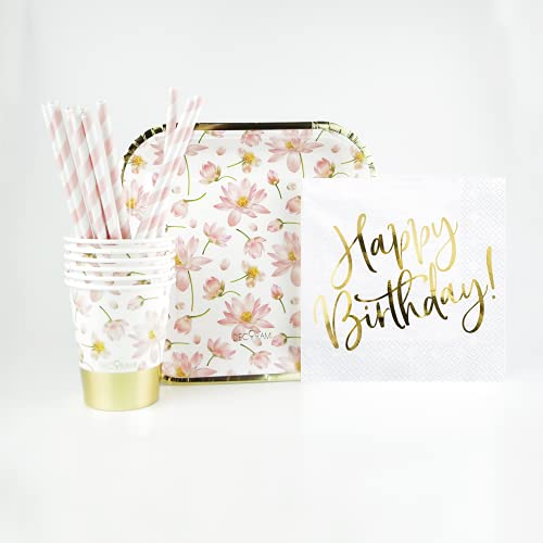 DECORAMI Premium Partygeschirr Gesamt Set 130-TLG. | Happy Birthday Deko Geburtstag | aus Papier/Pappe, nachhaltig | Pappgeschirr Set | Einweggeschirr | Blüten Print | weiß rosa Gold Blumen von DECORAMI - celebrate happy times