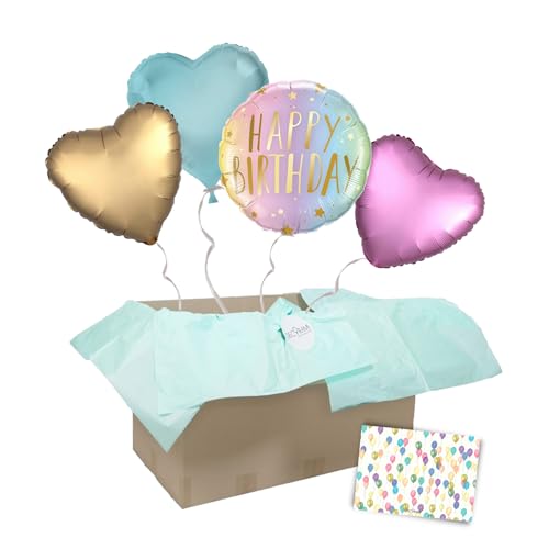 DECORAMI - celebrate happy times Heliumballons 4 Stück, Happy Birthday Regenbogen Pastell, Herzballons, Geburtstag Luftballons mit Helium befüllt, Ballongrüße mit personalisierter Grußkarte von DECORAMI - celebrate happy times