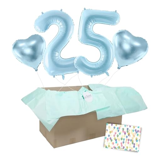 DECORAMI - celebrate happy times XXL Zahlen-Luftballon 10 bis 99 mit 2 Herzballons, Pastell Blau, individualisierbare Zahlenballons mit Helium gefüllt, 86cm, Heliumballons im Karton zum Geburtstag von DECORAMI - celebrate happy times