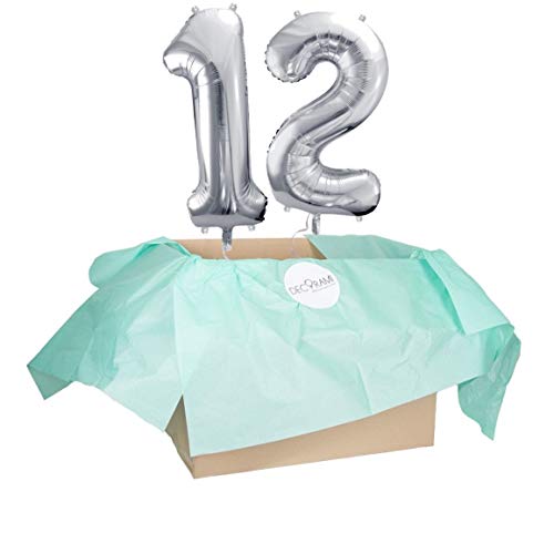 DECORAMI - celebrate happy times XXL Zahlen Luftballon 12, Silber, Zahlenballon mit Helium gefüllt, 86cm, Heliumballons im Karton zum Geburtstag und Jubiläum von DECORAMI - celebrate happy times