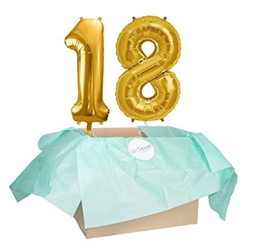 DECORAMI - celebrate happy times XXL Zahlen Luftballon 18, Gold, Zahlenballon mit Helium gefüllt, 86cm, Heliumballons im Karton zum Geburtstag und Jubiläum von DECORAMI - celebrate happy times