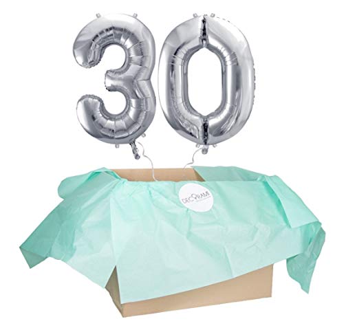 DECORAMI - celebrate happy times XXL Zahlen Luftballon 30, Silber, Zahlenballon mit Helium gefüllt, 86cm, Heliumballons im Karton zum Geburtstag und Jubiläum von DECORAMI - celebrate happy times