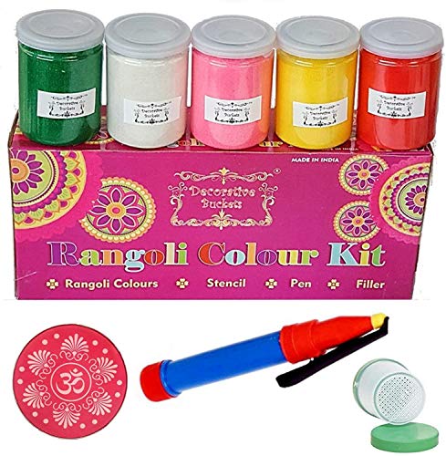 Decorative Buckets : Rangoli-Farben-Set | echtes Rangoli-Pulver | Sandkunst | Diwali-Dekorationen | Set mit 5 Farben (1 kg) | Rangoli-Bodendekorationen | Diwali-Geschenke, Rangoli-Stift, Füllstoff von DECORATIVE BUCKETS