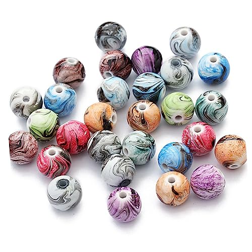 DECORNIJIA 100 Stück DIY Runde Lose Harzperlen mit Malerei Bunte Spacerperlen für Schmuckherstellung Armbänder und Zubehör Gemischte Farben von DECORNIJIA
