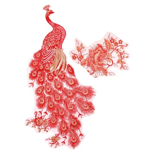 DECORNIJIA 2 Stück Rote Stickerei Applikation Pfau und Pfingstrose Pailletten Patch Näh Bügelaccessoires Dekorativ für Cheongsam Kleidung Tischdecken und Vorhänge von DECORNIJIA