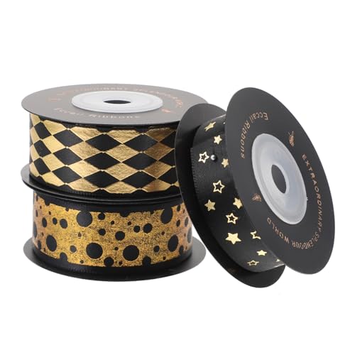 DECORNIJIA 3 Rollen Premium Geschenkband aus Schwarzem Polyester und Breit mit Goldenen Punkten Rauten und Sternen Vielseitig für Blumenverpackung und Haarband DIY Langlebig und Dekorativ DECORNIJIA 3 Rollen Premium Geschenkband aus Schwarzem Polyester und Breit mit Goldenen Punkten Rauten und Sternen Vielseitig für Blumenverpackung und Haarband DIY Langlebig und Dekorativ von DECORNIJIA