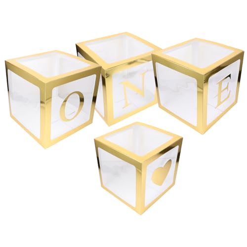 DECORNIJIA 4 Stück Teiliges Geburtstags Ballon Box Transparente Wiederverwendbare Ballonboxen mit Goldfarbenem One Herz Buchstaben Einfache Faltbare Dekoration für Party Langlebig und von DECORNIJIA