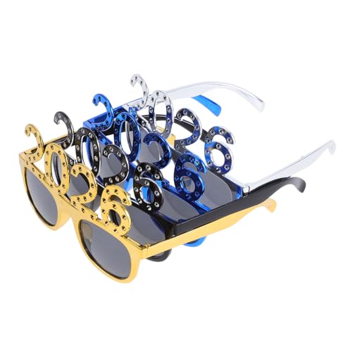 DECORNIJIA 4 Stück Teiliges Silvester Party Brillen Leichte Neuheits Brillen für Neujahrsfeiern Fotorequisiten für Familien und Freundespartys in Gold Silber Blau Schwarz von DECORNIJIA