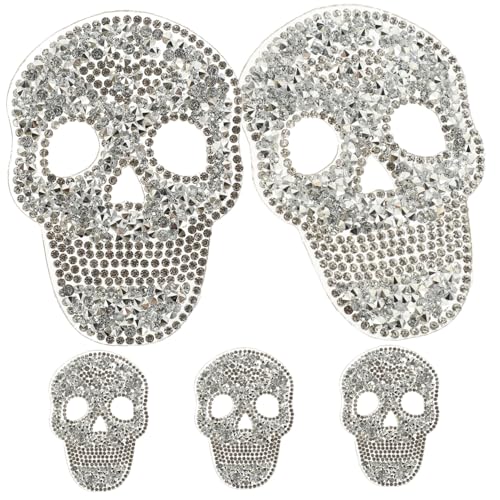 DECORNIJIA 5 Stück Silberne Strass Schädel Bügelaufnäher Multifunktionale Aufnäher zum Aufbügeln und Annähen Dekorative Reparatur Patches für Jacken Taschen Hüte und DIY Kleidung von DECORNIJIA
