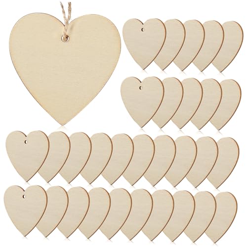 DECORNIJIA 50 Stück Holzherzen mit Vorgestanztem und Juteschnur Unbehandelte Holzanhänger in Herzform Naturbelassene Bastelrohlinge zum Bemalen und Aufhängen für Hochzeit Weihnachtsdeko von DECORNIJIA