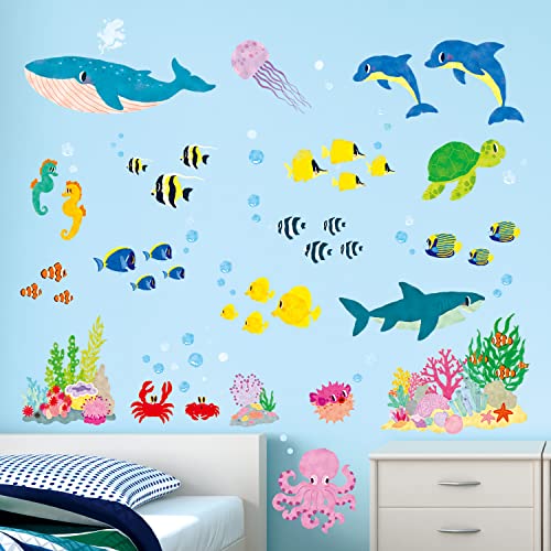 DECOWALL BA-2014S Unter dem Meer Wandaufkleber Wandtattoo (klein) Kinder zum Abziehen Aufkleben, Kinderzimmer, abnehmbar, Zimmer, Tier, Fisch, Badezimmer, Baby Delphin bunter tropischer Fischhai von DECOWALL