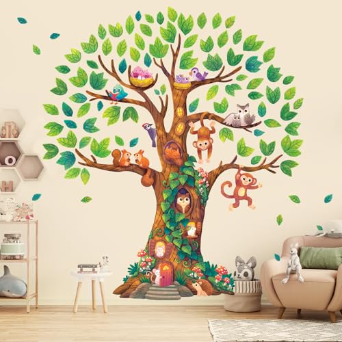 DECOWALL DL4-2303 Extra groß Riesenbaum Kinder Wandtattoo (142x158 cm) Kinderzimmer Deko Wald Mädchenzimmer Baby Jungen Pflanze Wald Zuhause Natur grün Mitbewohner Blatt Tiere Affe bunt von DECOWALL