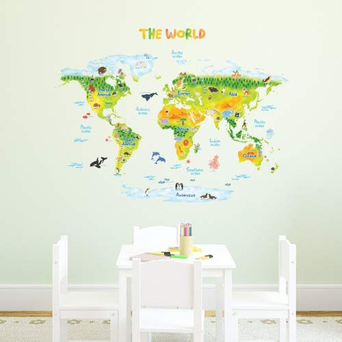 DECOWALL DMT-1715S Weltkarte Tierweltkarte Tiere Wandtattoo Wandsticker Wandaufkleber Wanddeko für Wohnzimmer Schlafzimmer Kinderzimmer (Groß) (Englisch Ver.) von DECOWALL