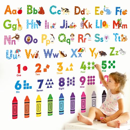 DECOWALL DS8-8044 Farbige mit Tier alphabet zahlen wandtattoo kinderzimmer dekor abziehen und aufkleben entfernbares abc baby spielzimmer englische kinder lernen von DECOWALL