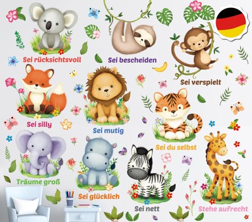 DECOWALL DS12-8074 Baby-Animale und Zitate Cartoon Wall-Sticker Kinder Kinderzimmer-Dekoration Deutsch Mädchen Wald-Safari Spielzimmer Dschungel Löwen Zebra cute Blumen-Butterflügel von DECOWALL