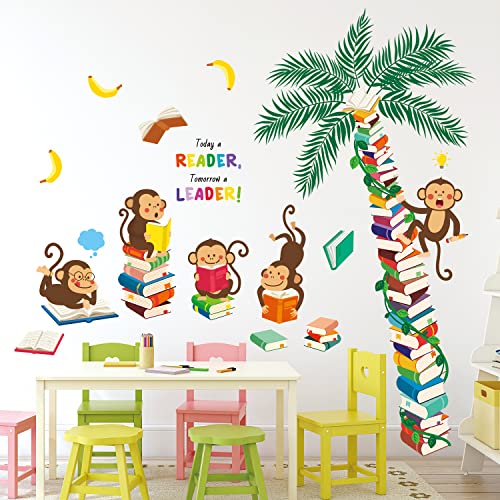 DECOWALL DSL-8065 Wandtattoo Affen Kinderzimmer Wandaufkleber Bücher Baum Klassenzimmer Lessen Buch Wandsticker Wanddeko Wohnzimmer Bibliothek von DECOWALL