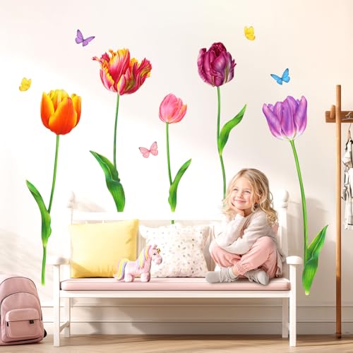 DECOWALL SG-2116 Tulpen Wandaufkleber Schmetterling Wandtattoo Wandsticker für Schlafzimmer Wohnzimmer Küche Flur Büro Wanddeko von DECOWALL