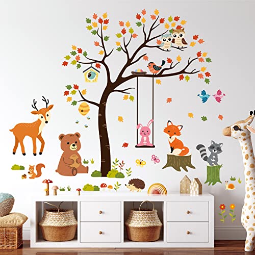 DECOWALL SG-2208 Herbstbaum Wandaufkleber Tiere Kinder Wandtattoo zum Abziehen und Aufkleben Abnehmbar für Kinderzimmer Schlafzimmer Wohnzimmer Babyblatt Familien dekor Schaukel Ahorn-Fuchs-Hirsch von DECOWALL