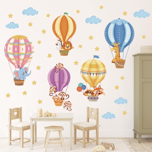 DECOWALL SG-2214 Tier Heißluftballon Wandaufkleber Kinder Wandtattoo Kinderzimmer Safari Dschungel Mädchen Jungen Zimmer Schlafzimmer Himmel Wolken Stern bunt Löwe Giraffe Affe von DECOWALL