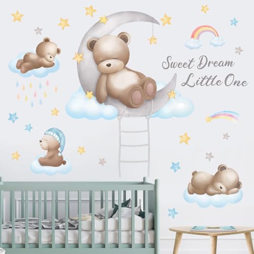 DECOWALL SG2-2310 Wandtattoo Bär auf dem Mond Wandsticker Wandaufkleber für Kinderzimmer Teddybär mit Sterne Babyzimmer Deko Wanddeko von DECOWALL