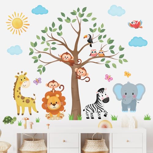 DECOWALL SG2-2323 Tieren und Bäumen Wandtattoo Kinder Abziehen und Aufkleben Abnehmbar für Kinderzimmer Schlafzimmer Wohnzimmer Baby dekor Dschungel von DECOWALL