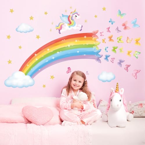 DECOWALL SG2-2401 Regenbogen Wandaufkleber Einhorn Wandtattoo Schmetterlinge Sterne Wolken Wandsticker für Kinderzimmer Babyzimmer Mädchen Wanddeko Schlafzimmer Mädchenzimmer deko geschenke von DECOWALL