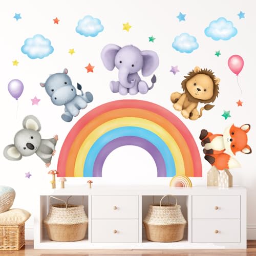 DECOWALL SG3-2318 Regenbogen Kinderzimmer Wandtattoo (146x100cm) Tiere Sterne Wandsticker Selbstklebend Wandtattoo, Wandaufkleber, Wanddeko für Kinder Babyzimmer Deko von DECOWALL